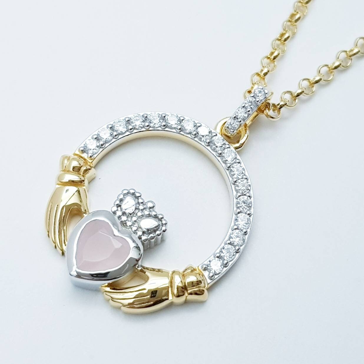 Baby pink Claddagh pendant, Irish claddagh necklace from Galway, Ireland, Angel wing claddagh chain