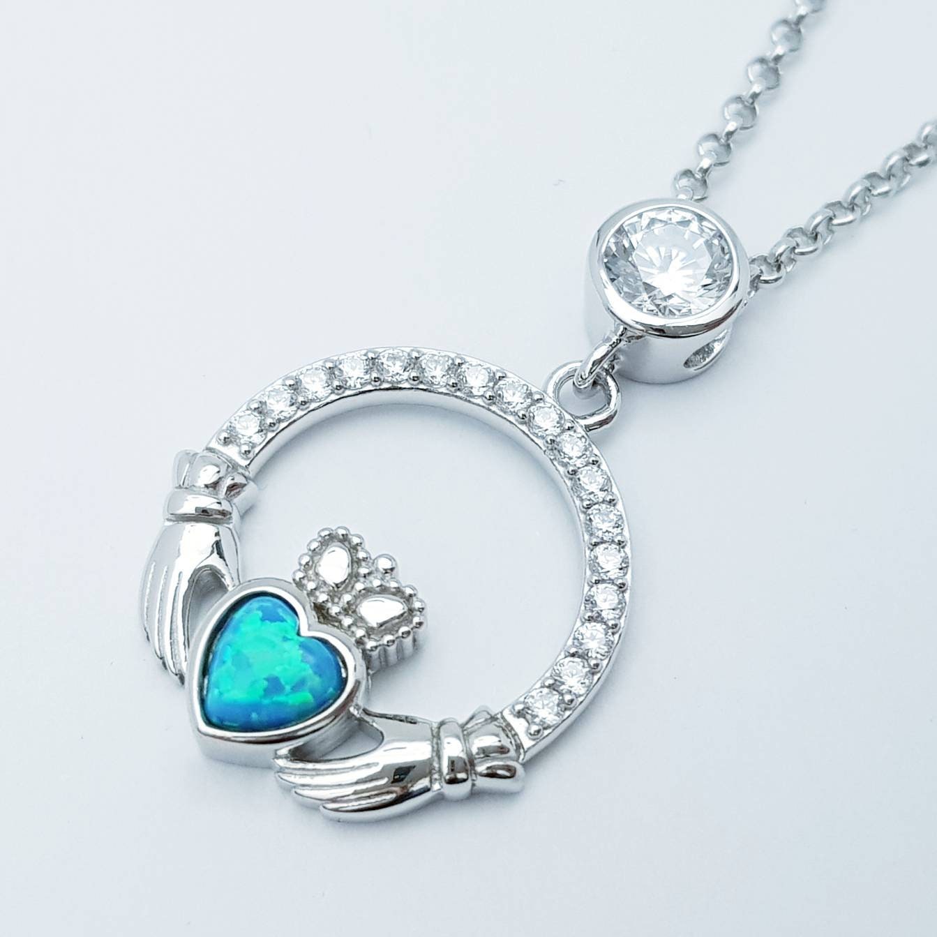 Opal Claddagh pendant, claddagh necklace, sterling silver opal jewelry