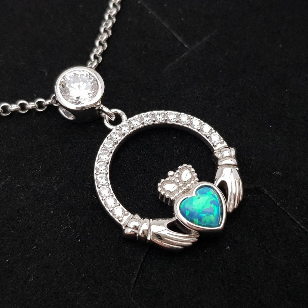 Opal Claddagh pendant, claddagh necklace, sterling silver opal jewelry