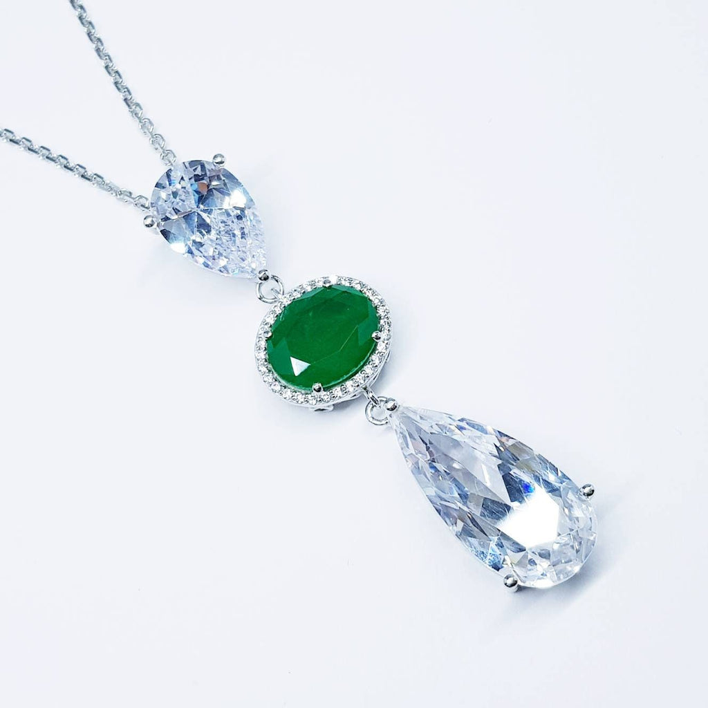 Exceptional large teardrop necklace with oval emerald green cubic zirconia