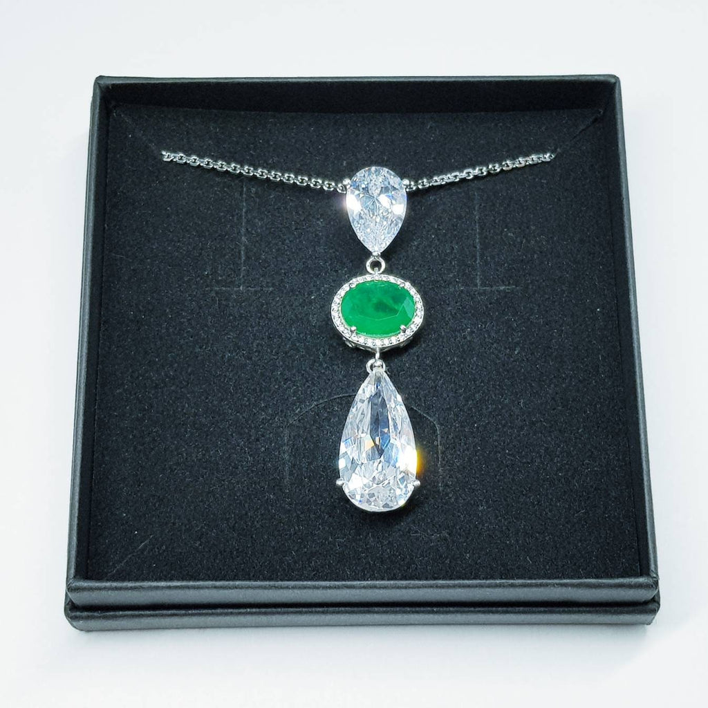 Exceptional large teardrop necklace with oval emerald green cubic zirconia