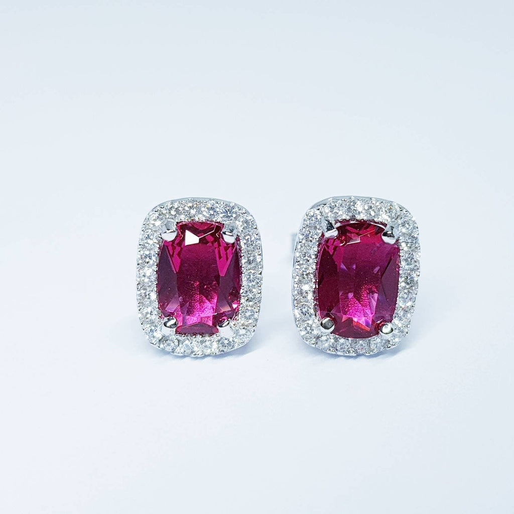 Red earrings, ruby stud earrings, July birthstone, vintage earrings, diamond halo earrings, earrings for women, classic stud earrings