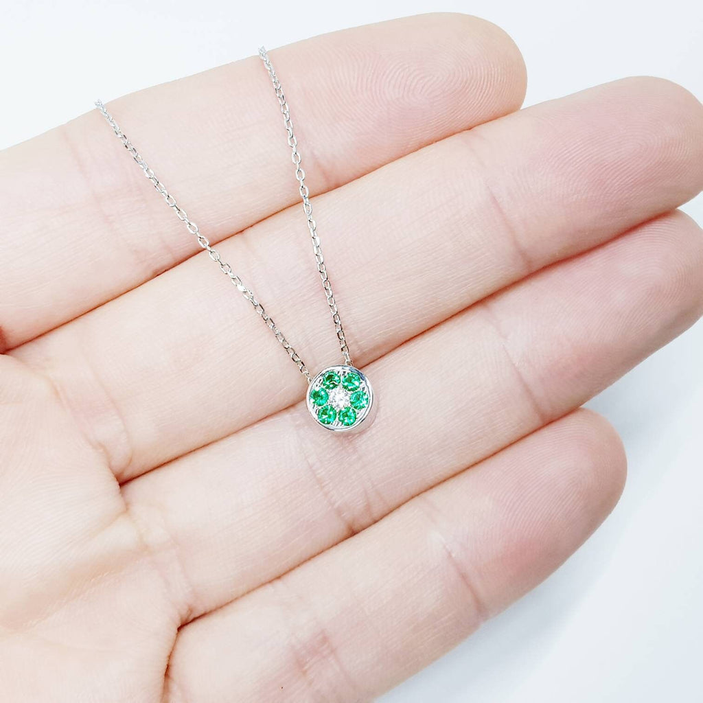 Dainty sterling silver floating green necklace, small round pendant