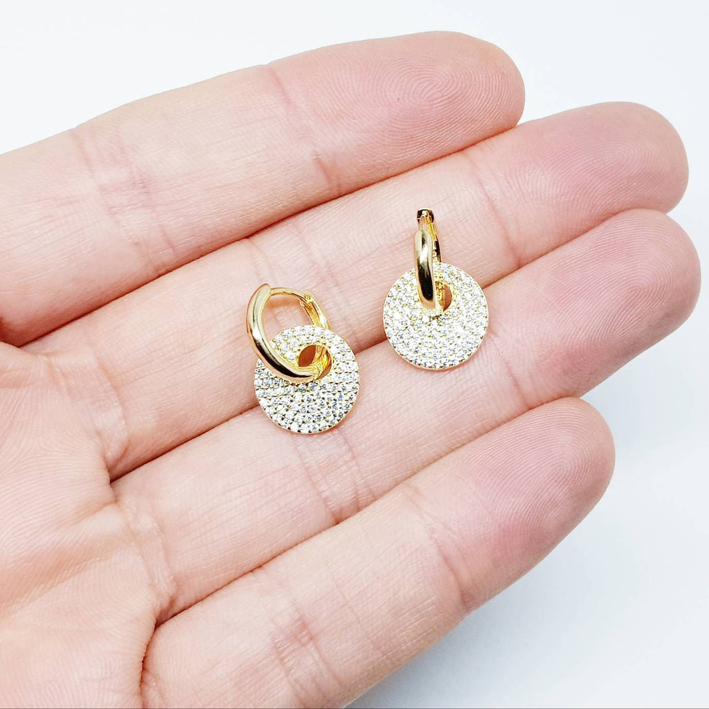 Mini gold hoop earrings with removable faux diamond disc, two earrings in one, Small Huggie earrings
