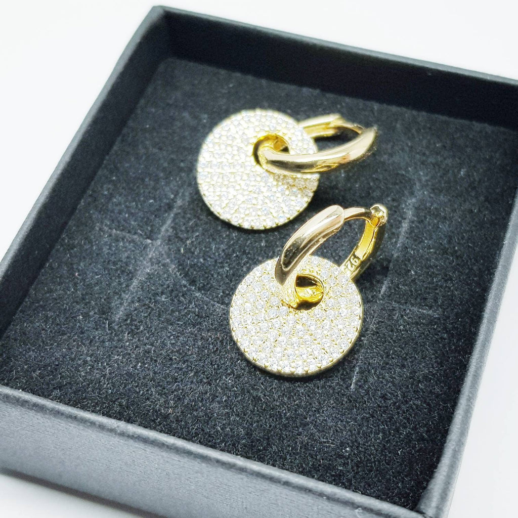 Mini gold hoop earrings with removable faux diamond disc, two earrings in one, Small Huggie earrings