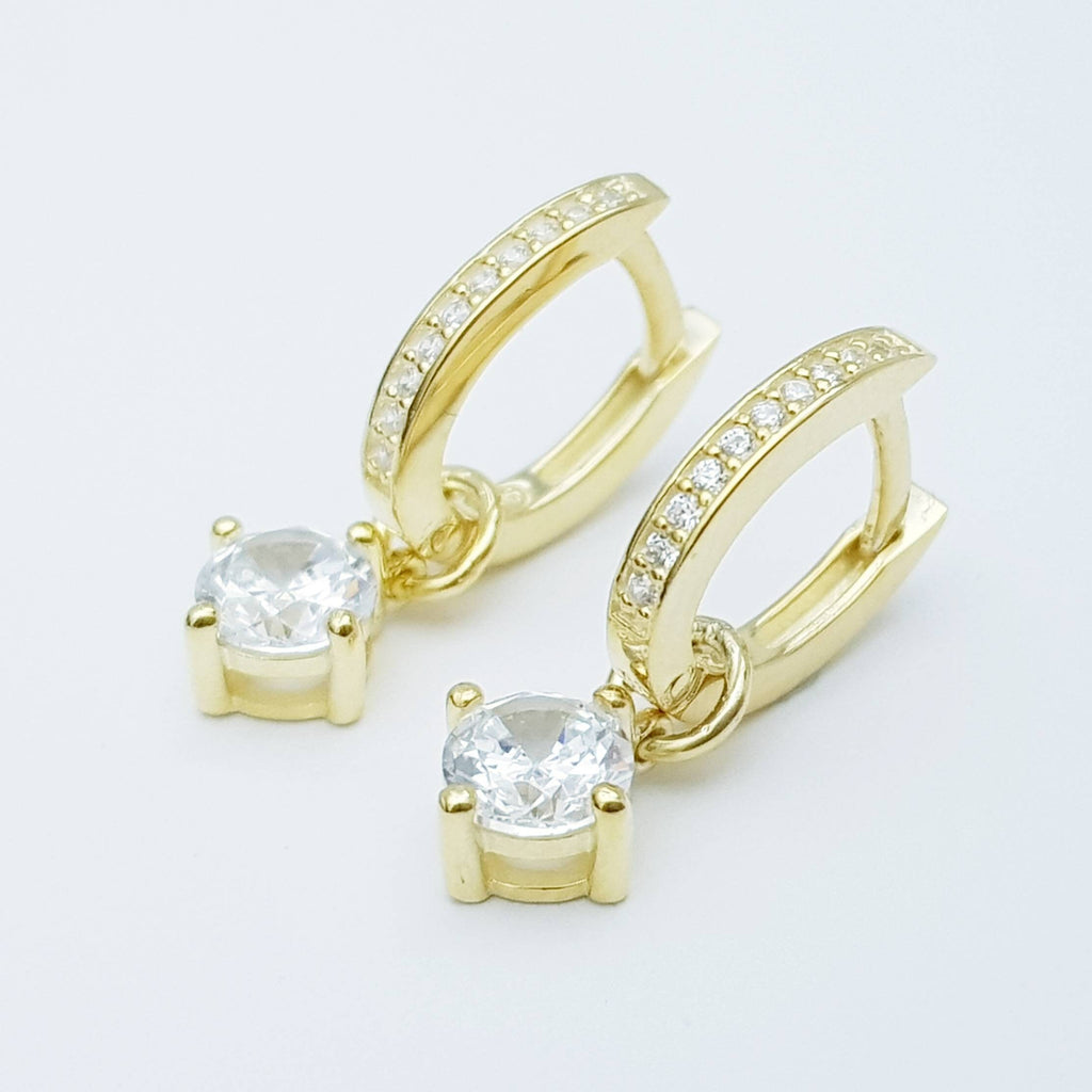 Thin Gold hoop earrings with removable solitaire drop, two earrings in one, faux diamond small huggie earrings