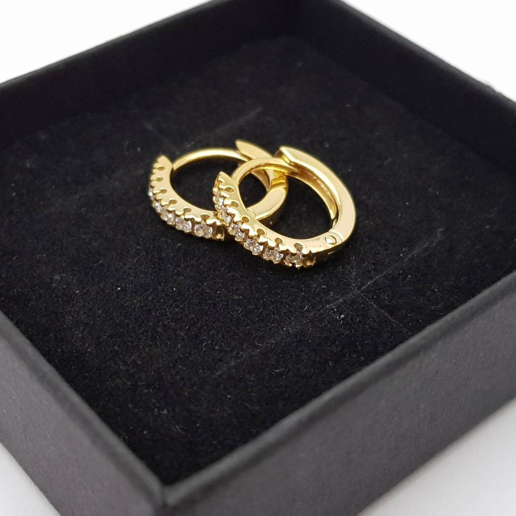 Small hoop earrings, silver huggie earrings, gold plated cz huggies, dainty diamond second hoop
