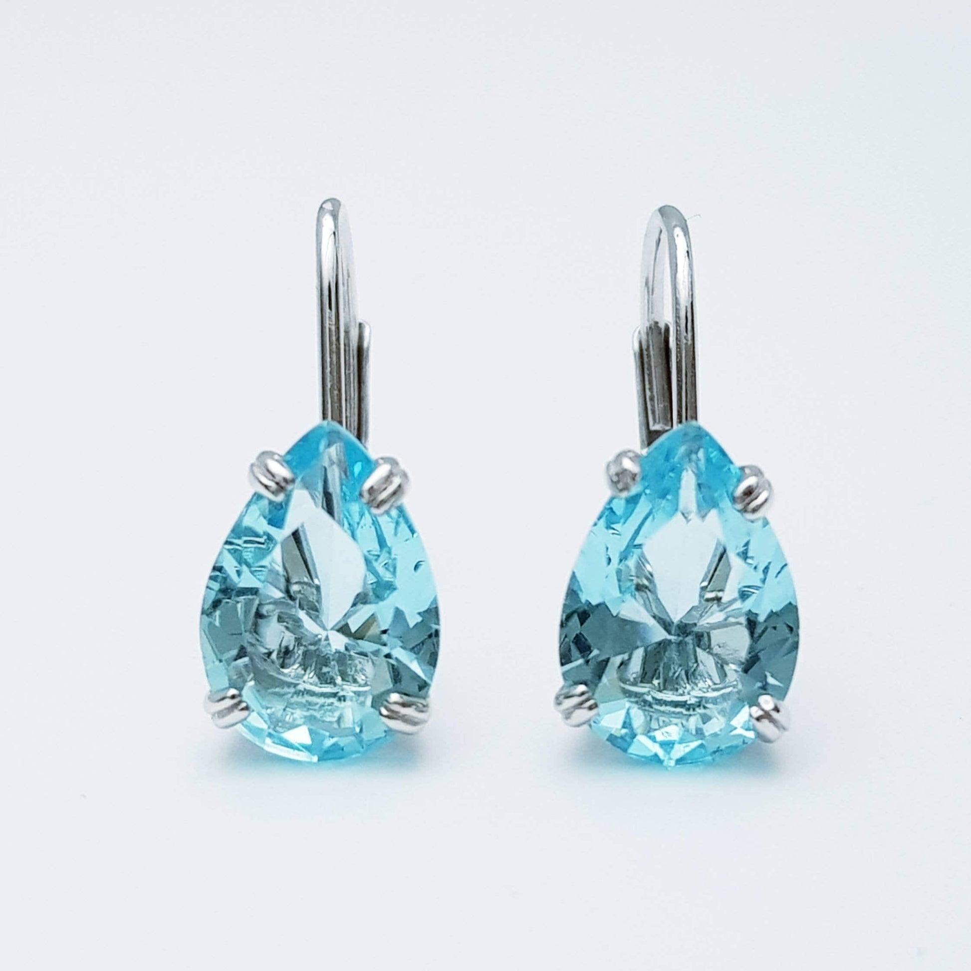 Sparkling turquoise blue silver lever back earrings, teardrop leverback earrings, March birthstone