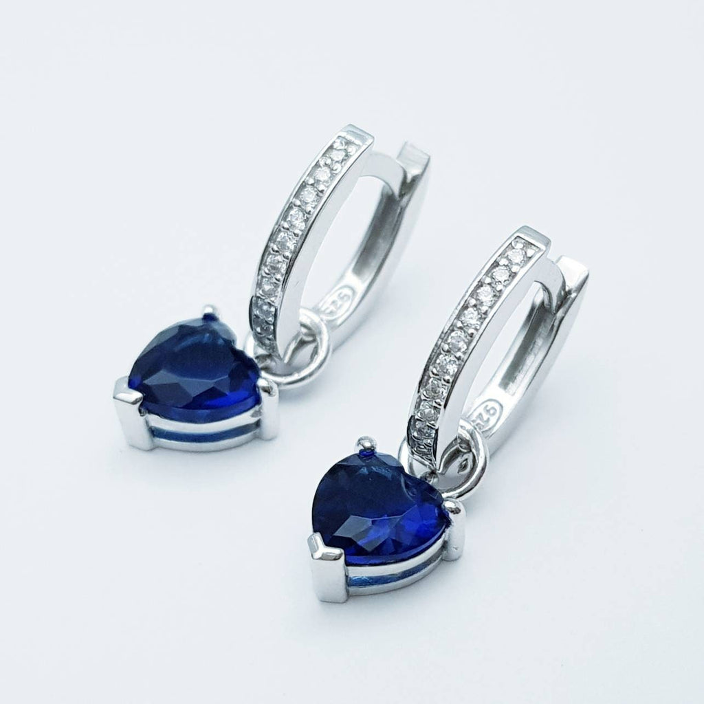 Dainty silver hoop earrings with removable blue heart drop, two earrings in one, faux sapphire minimal huggie earrings