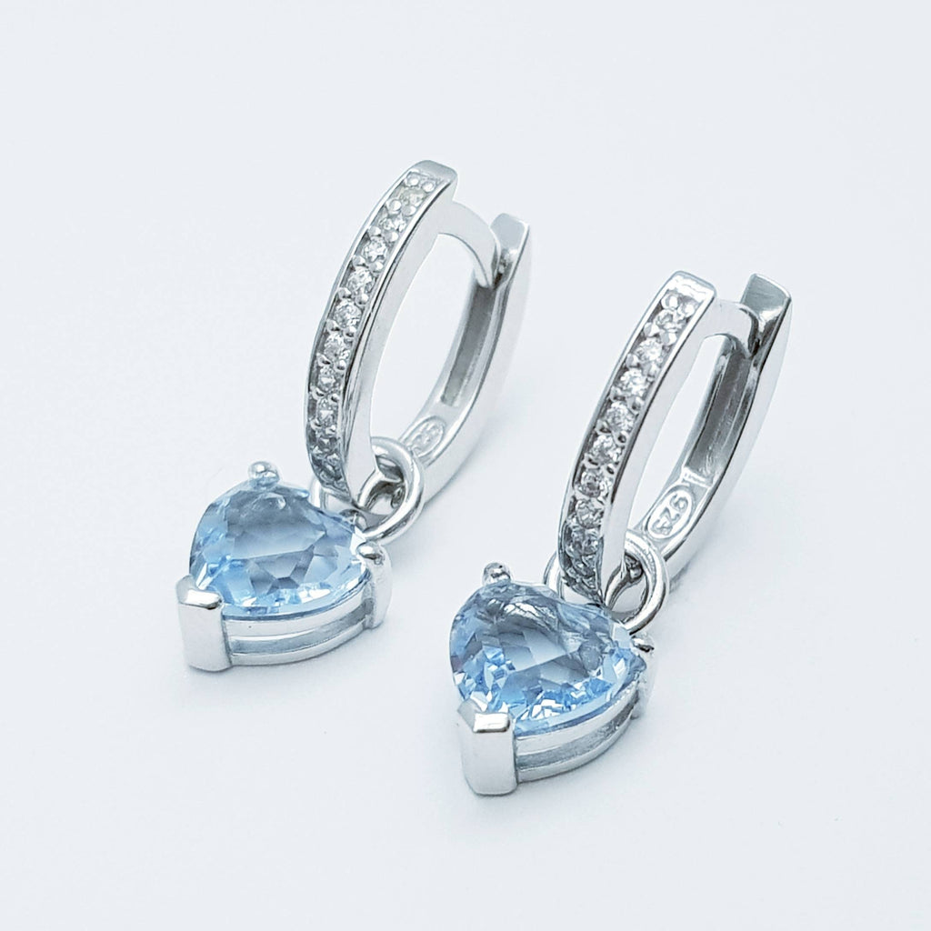 Two earrings in one, silver hoop earrings with removable aquamarine blue heart drop, minimal huggie earrings