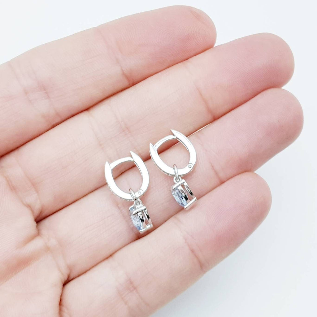 Two earrings in one, silver hoop earrings with removable aquamarine blue heart drop, minimal huggie earrings