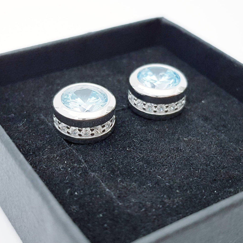 Silver round aquamarine earrings, sparkling turquoise stud earrings