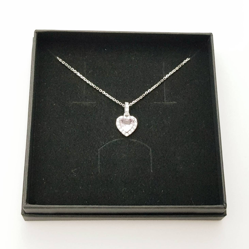 Cute sterling silver pink heart necklace, small light pink faux diamond halo pendant