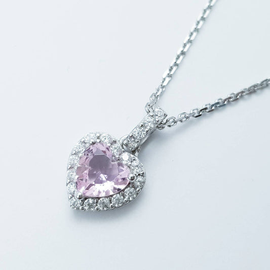 Cute sterling silver pink heart necklace, small light pink faux diamond halo pendant