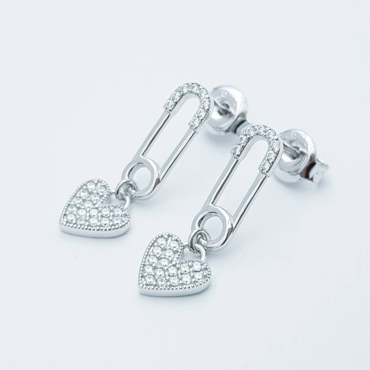 Safety pin and heart earrings, heal my heart studs