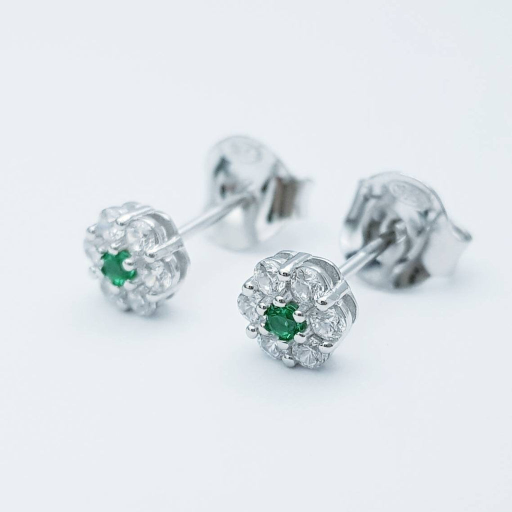 Small emerald green stud earrings, vintage earrings, emerald and diamond halo earrings, second hole earrings, may birthstone studs