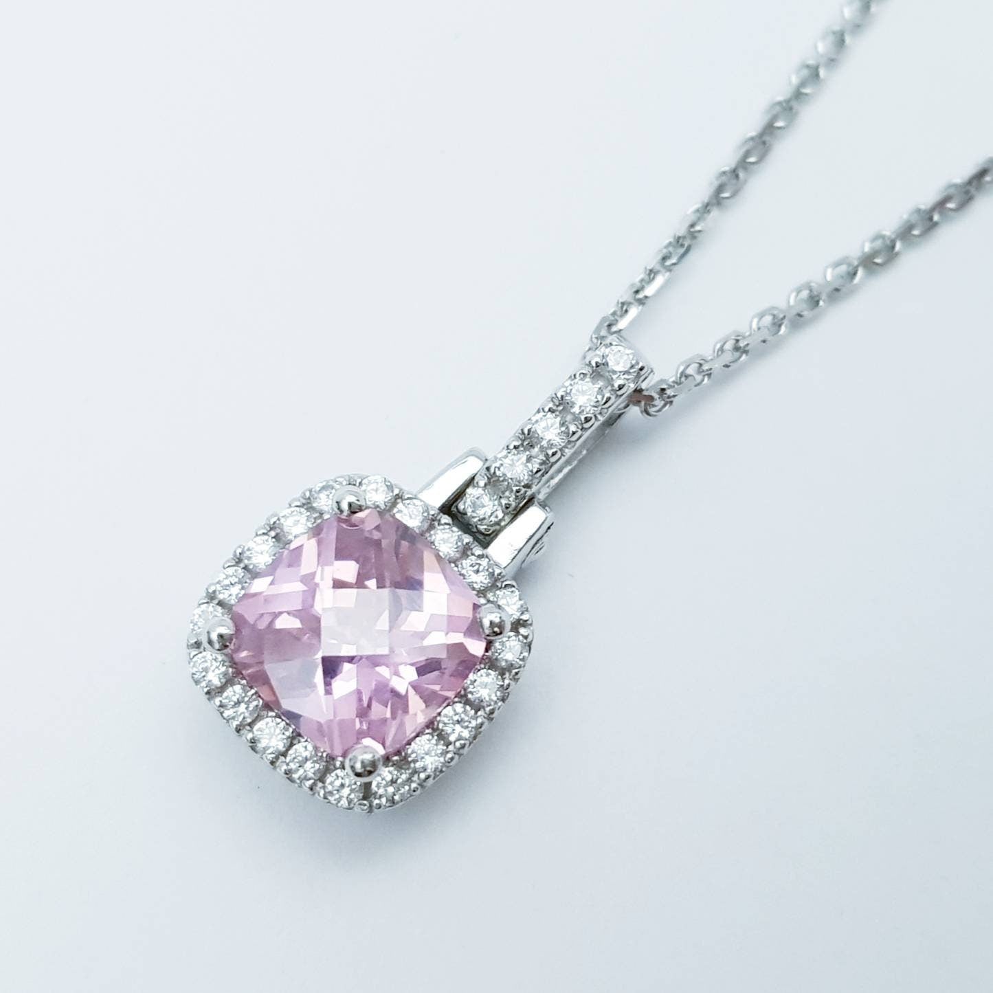 Sterling silver pink necklace, cushion cut light pink faux diamond halo pendant