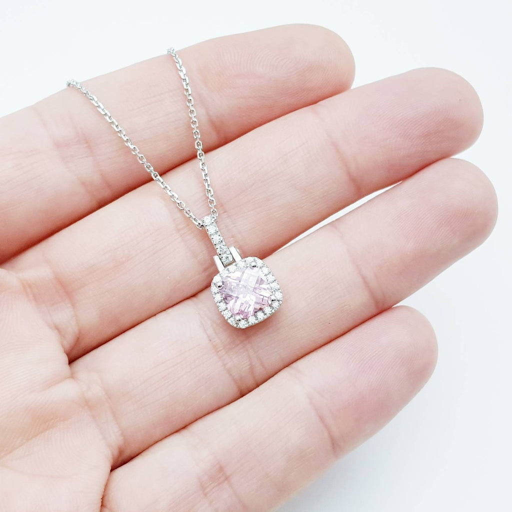 Sterling silver pink necklace, cushion cut light pink faux diamond halo pendant