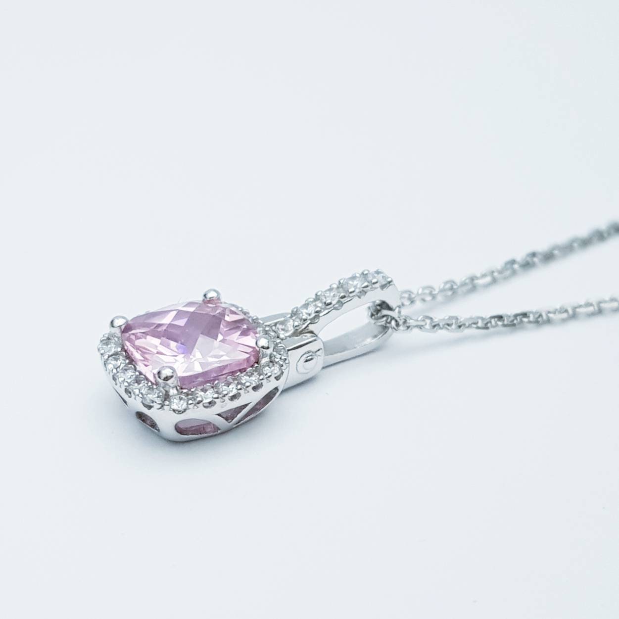 Sterling silver pink necklace, cushion cut light pink faux diamond halo pendant