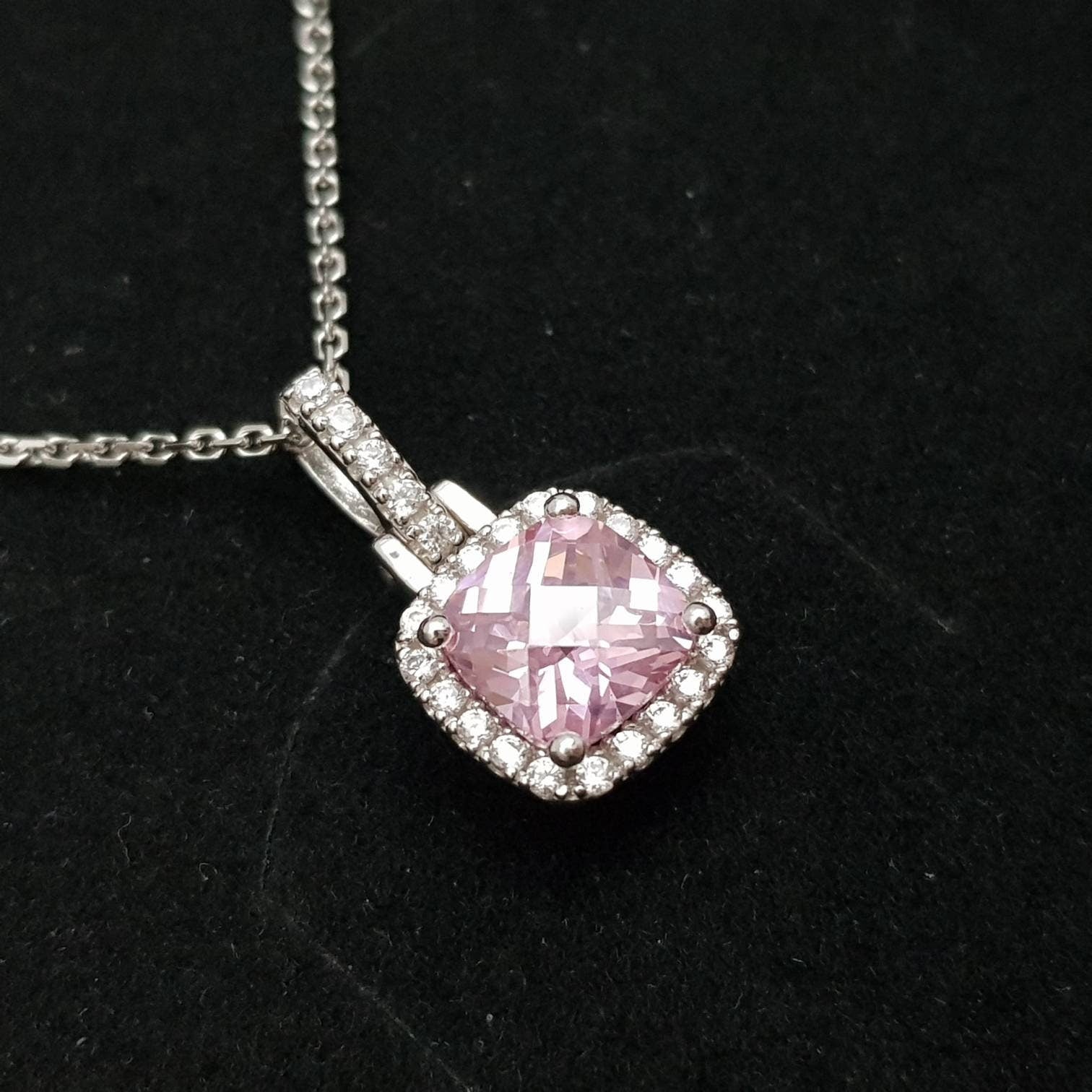 Sterling silver pink necklace, cushion cut light pink faux diamond halo pendant