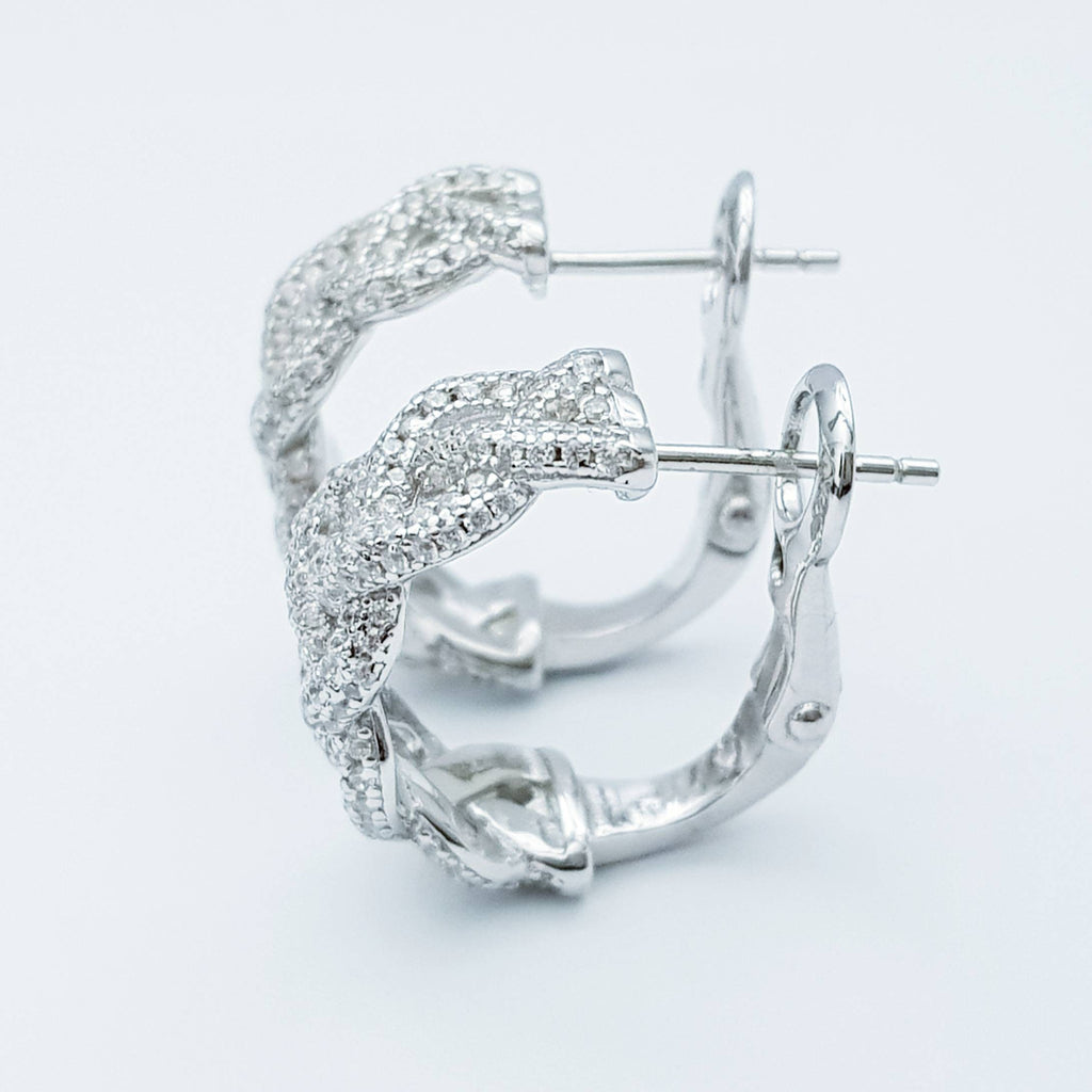 Sterling silver cz encrusted braided half hoop earrings, lever back diamond hoops, dress jewelry