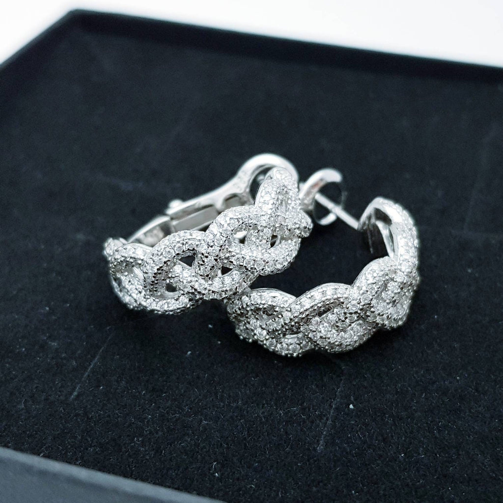 Sterling silver cz encrusted braided half hoop earrings, lever back diamond hoops, dress jewelry