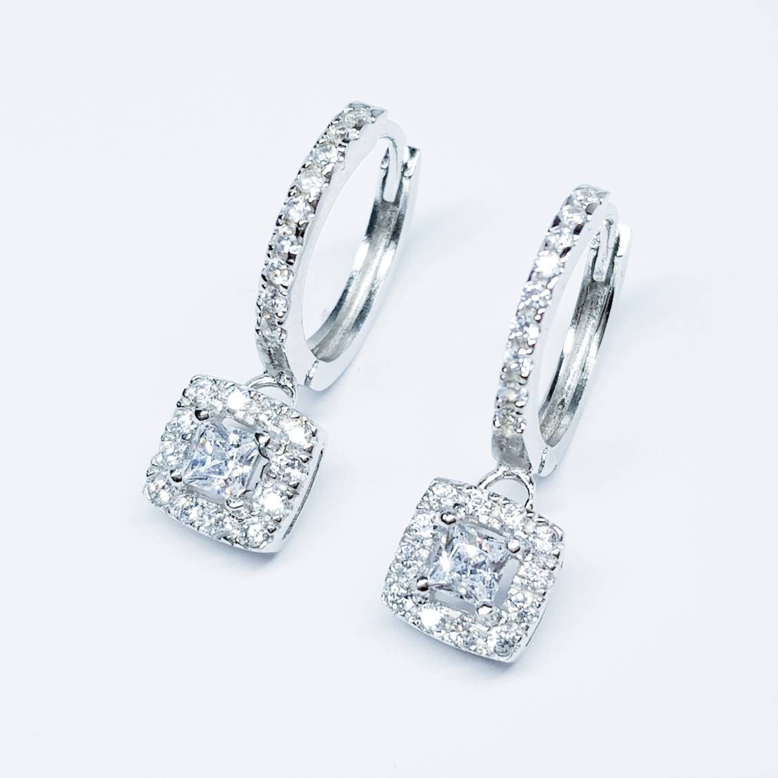 Silver drop and dangle hoop earrings, diamond hoop earrings, square diamond huggie earrings