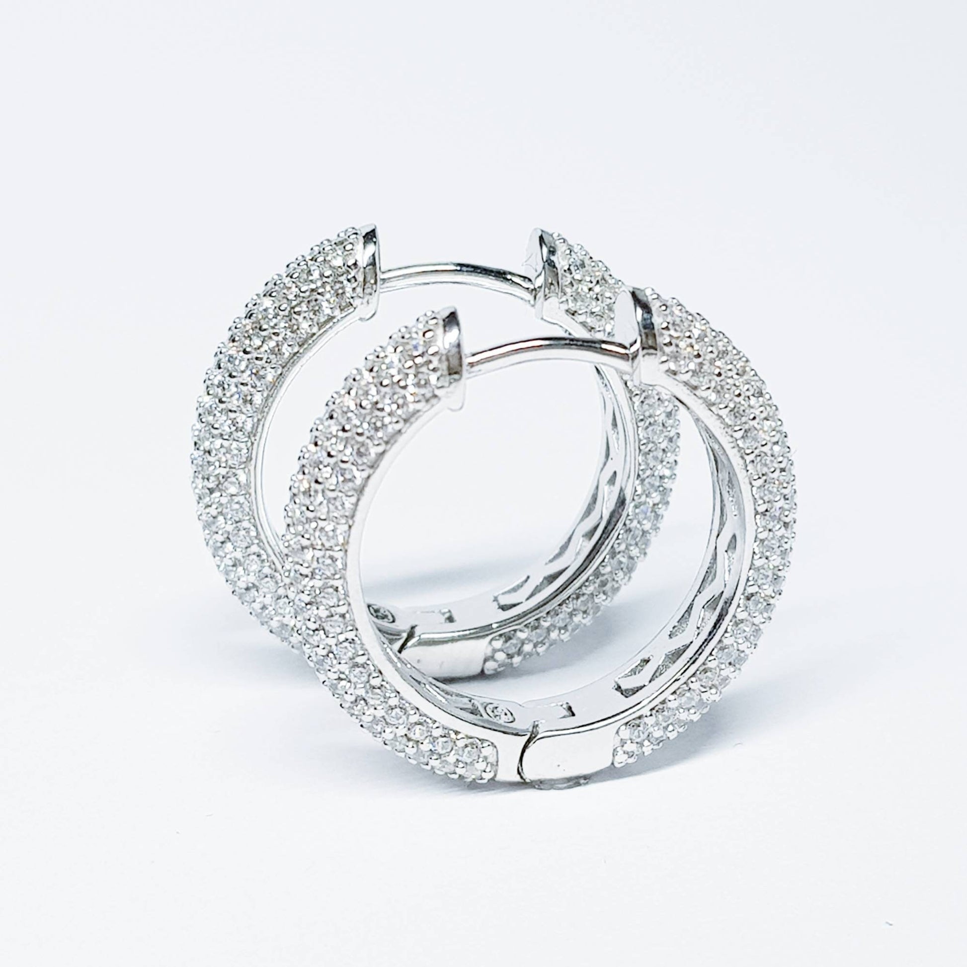 Sterling silver cz encrusted hoop earrings, lever back diamond hoops, luxurious dress jewelry