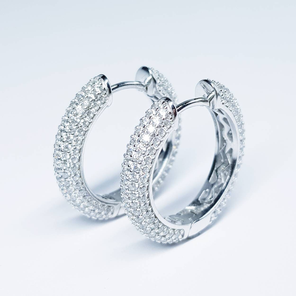 Sterling silver cz encrusted hoop earrings, lever back diamond hoops, luxurious dress jewelry