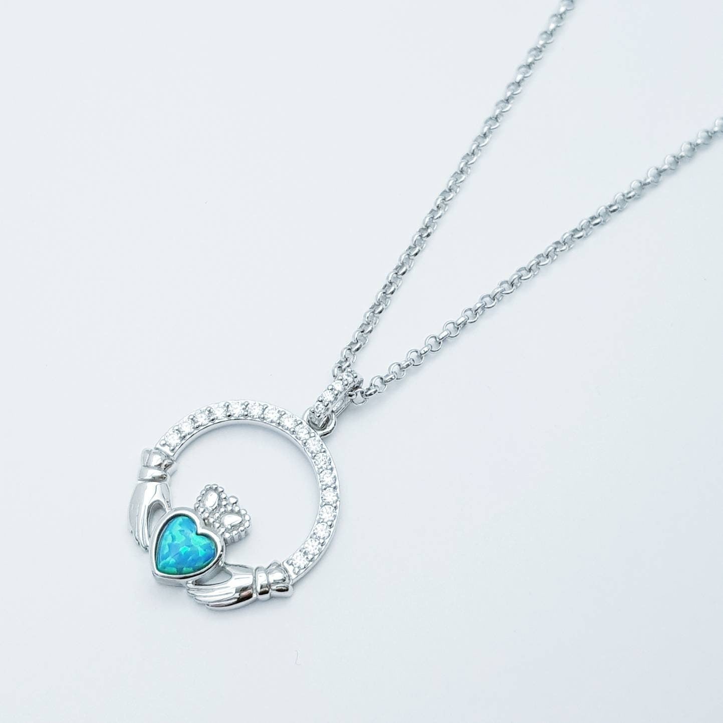 Opal Claddagh pendant, claddagh necklace, sterling silver claddagh pendant