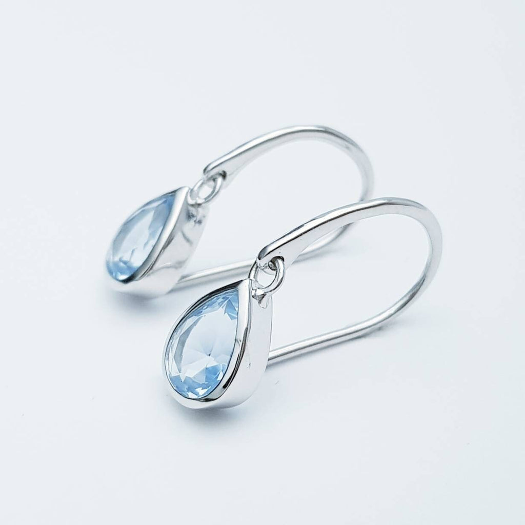 Light blue aquamarine teardrop earrings with French wire fitting - dainty blue drop wire earrings