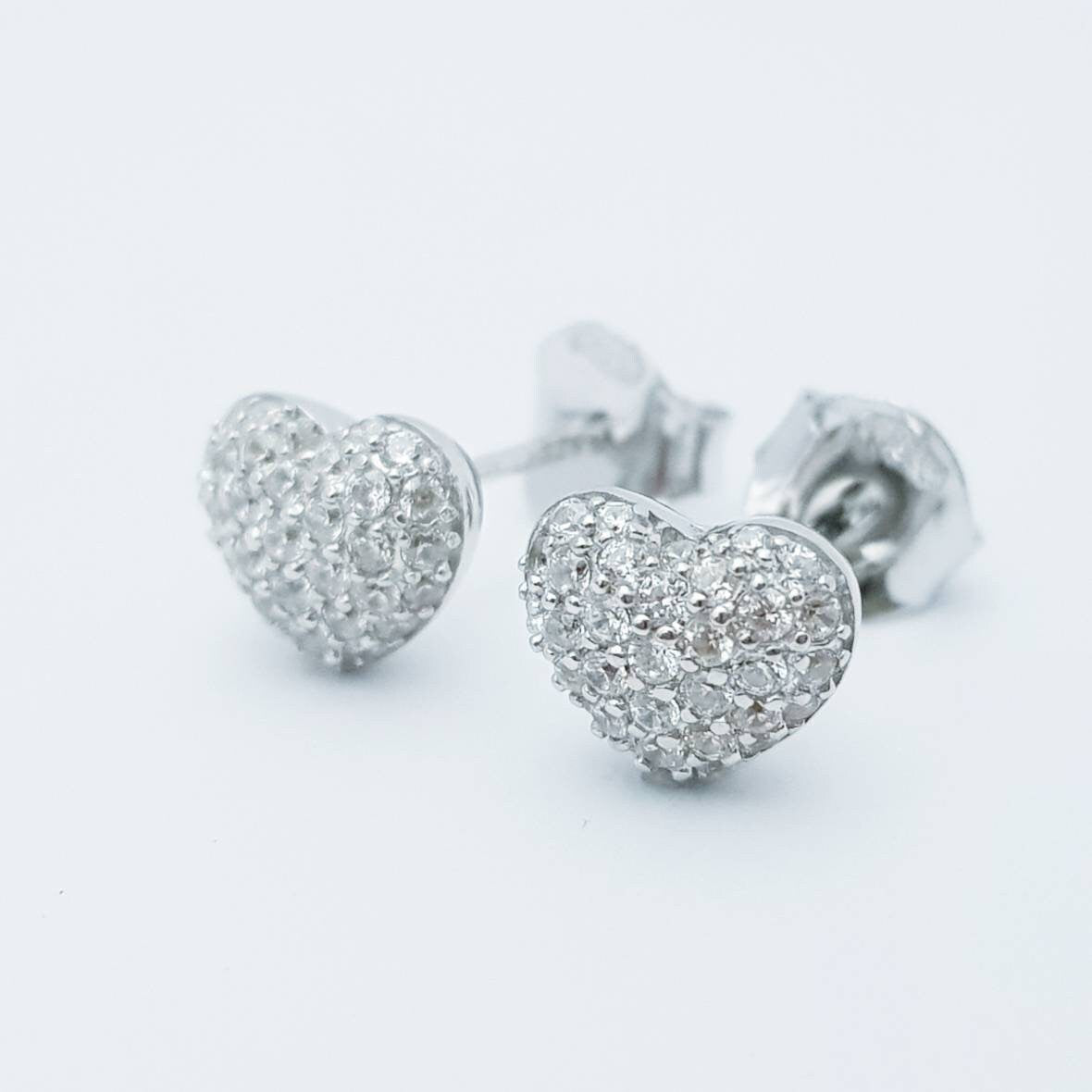Dainty Sterling silver heart shaped stud earrings, cute faux diamond heart earrings