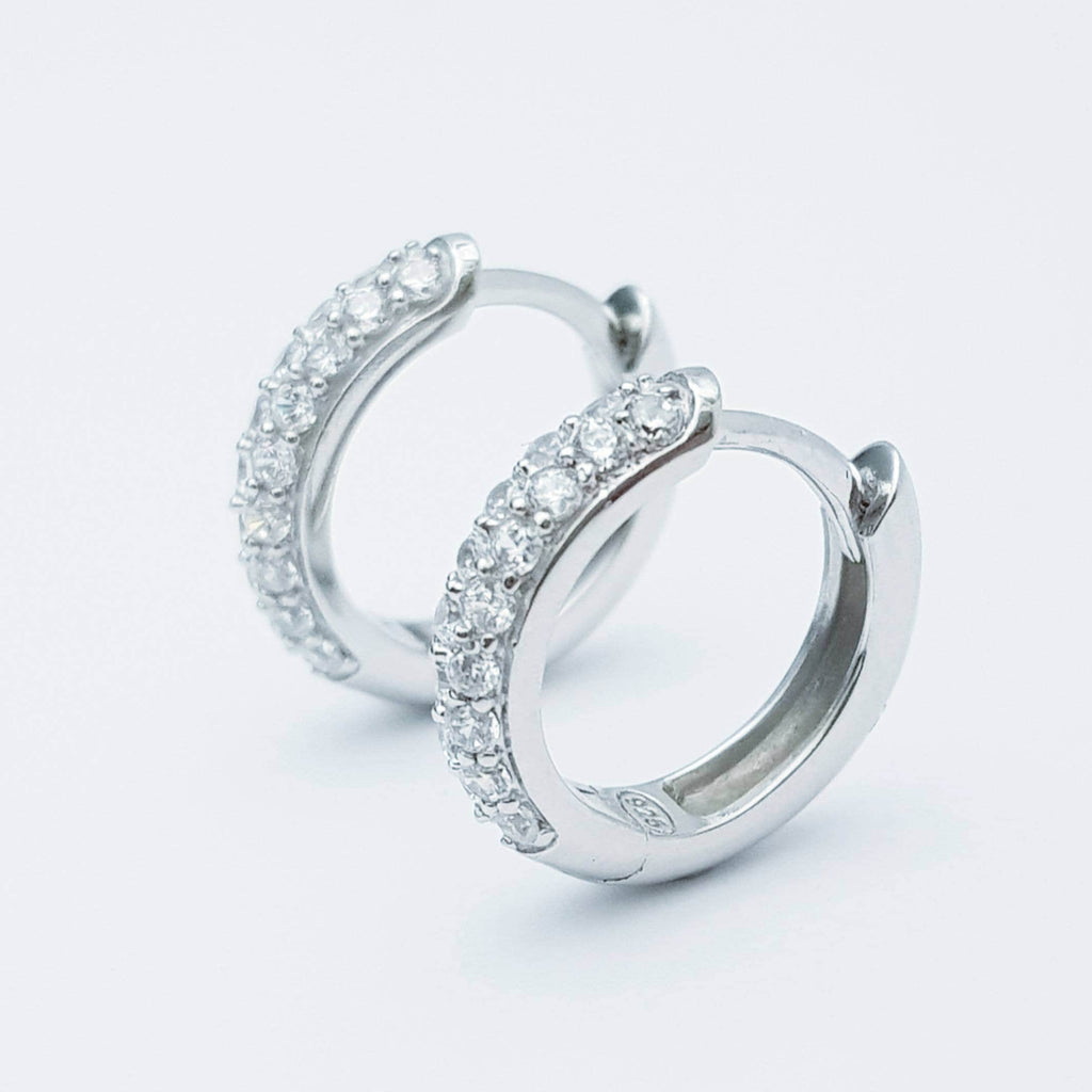 Medium hoop earrings, silver huggie earrings, faux diamond huggies