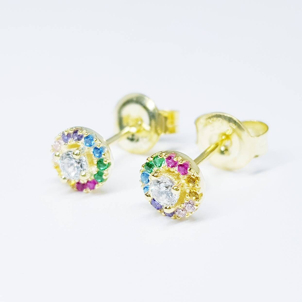 Dainty gold rainbow studs, sterling silver gold plated earrings, rainbow halo