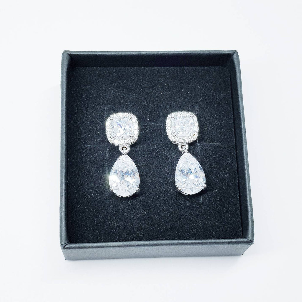 Teardrop and cushion drop earrings, Wedding Earrings, 925 Silver Bridal Jewelry