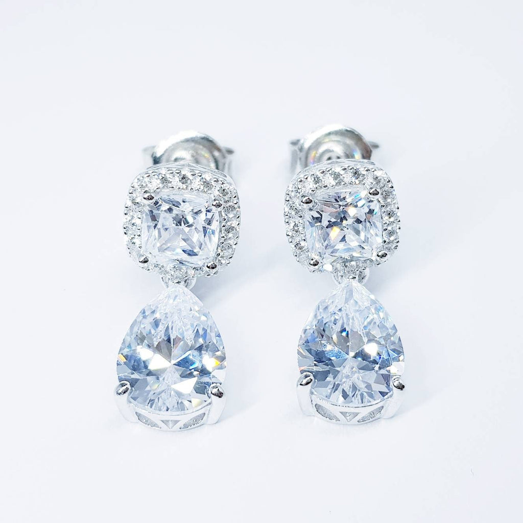 Teardrop and cushion drop earrings, Wedding Earrings, 925 Silver Bridal Jewelry
