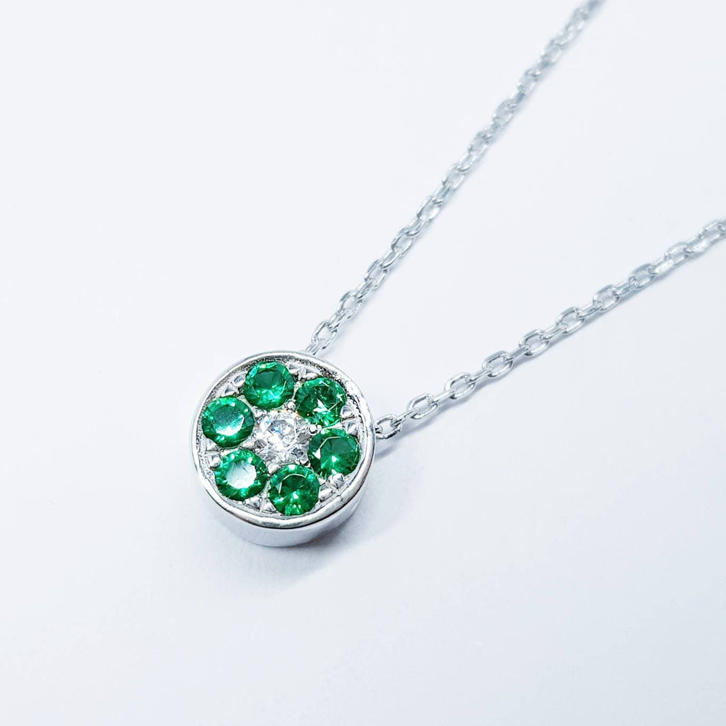 Dainty sterling silver floating green necklace, small round pendant