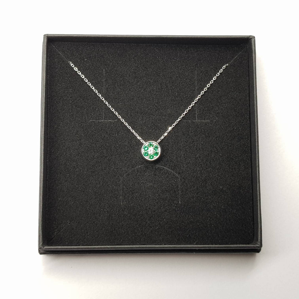 Dainty sterling silver floating green necklace, small round pendant