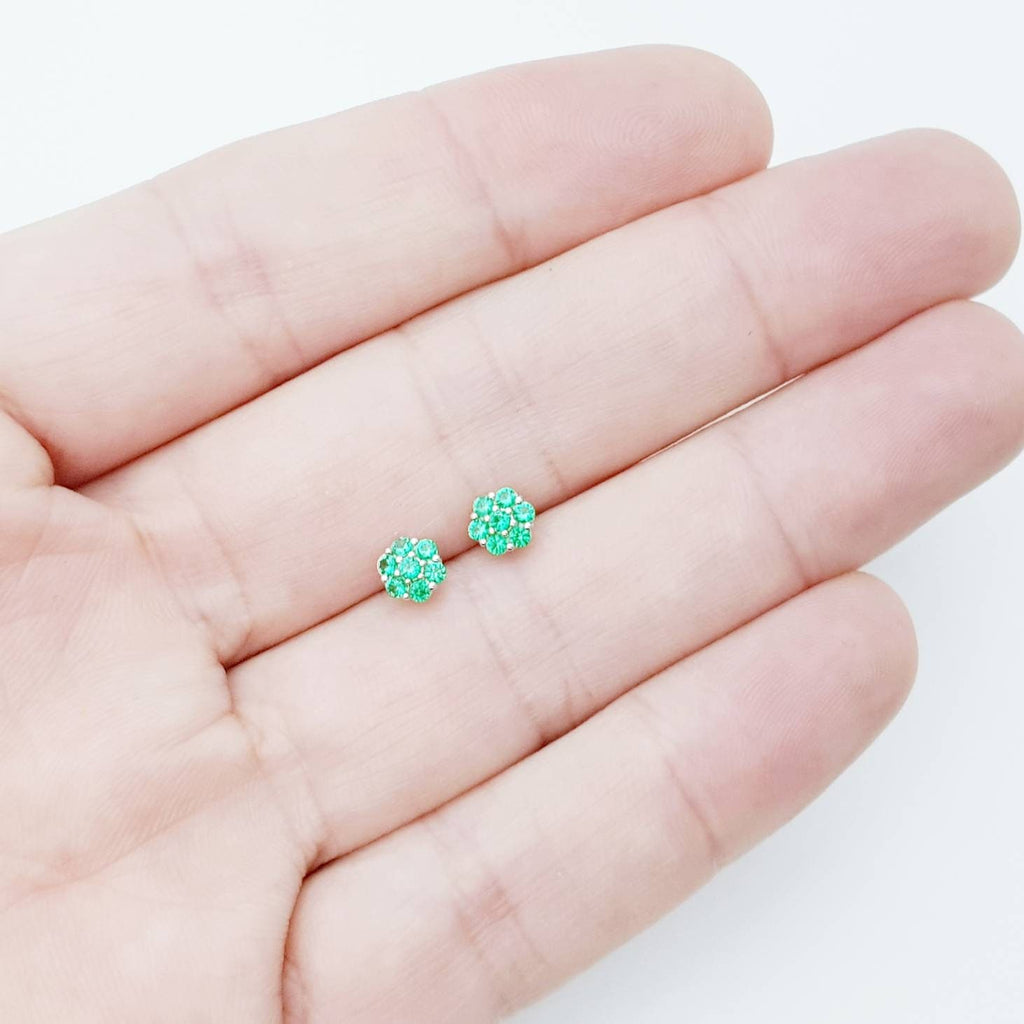 Minimal sterling silver claw set green stud earrings, second hole earring, small floral stud