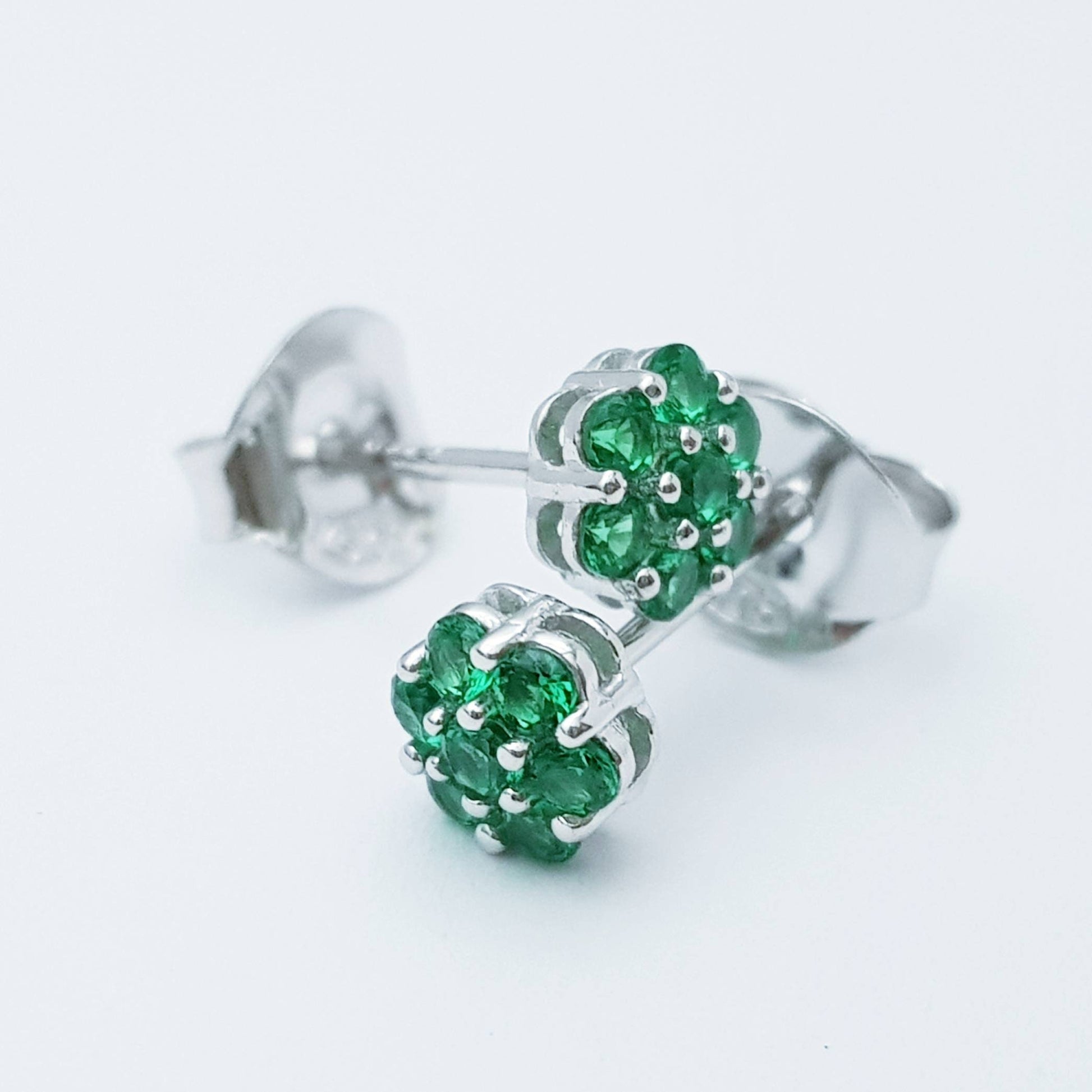 Minimal sterling silver claw set green stud earrings, second hole earring, small floral stud