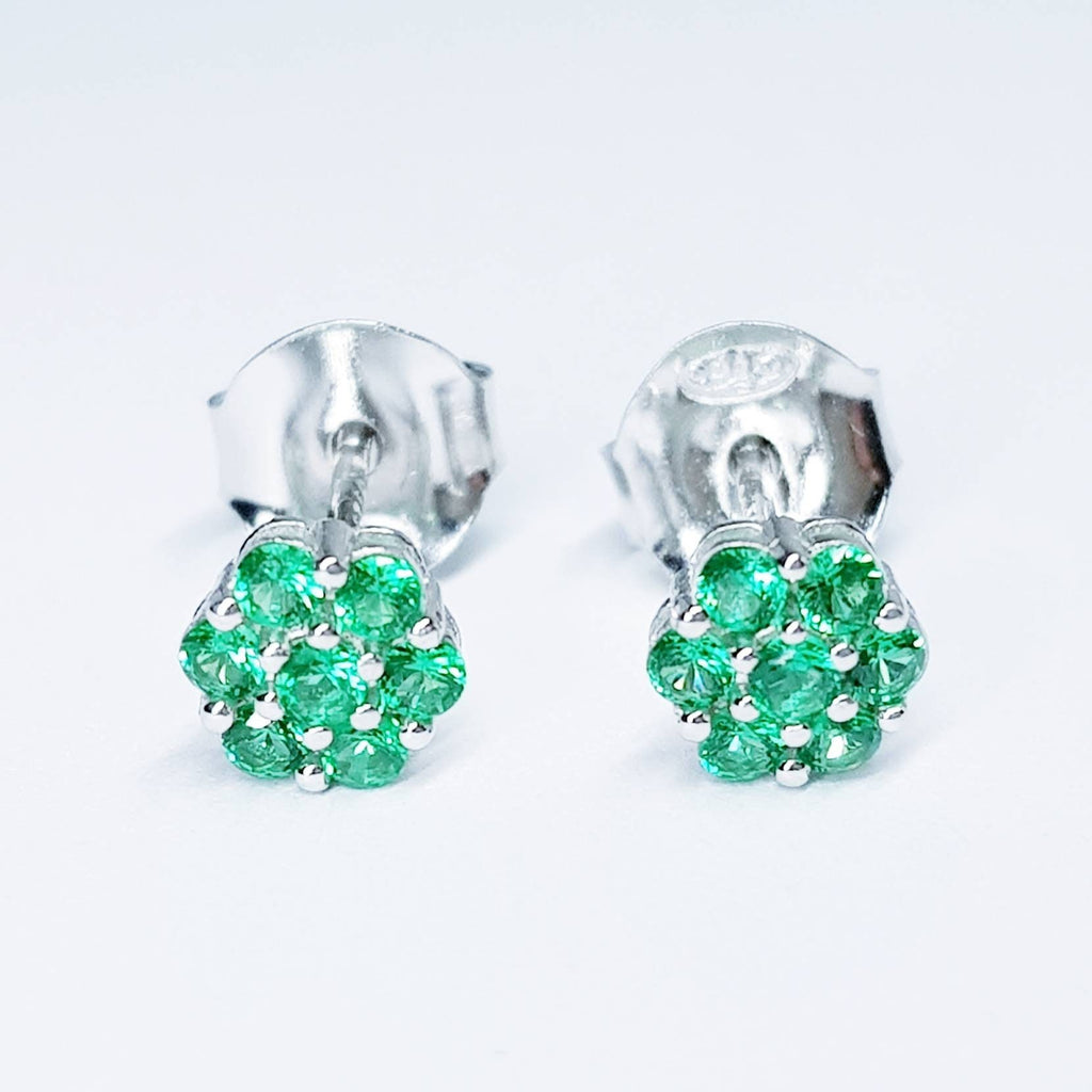 Minimal sterling silver claw set green stud earrings, second hole earring, small floral stud