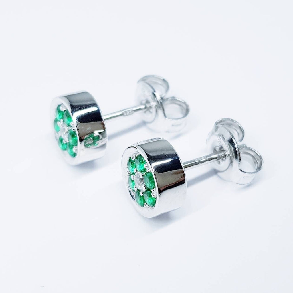 Minimal sterling silver green stud earrings, small round silver stud earrings, green floral earring