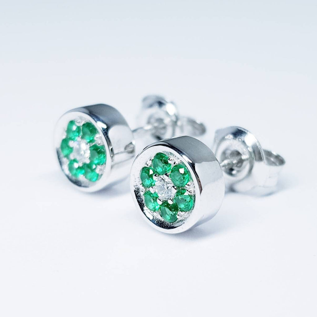 Minimal sterling silver green stud earrings, small round silver stud earrings, green floral earring