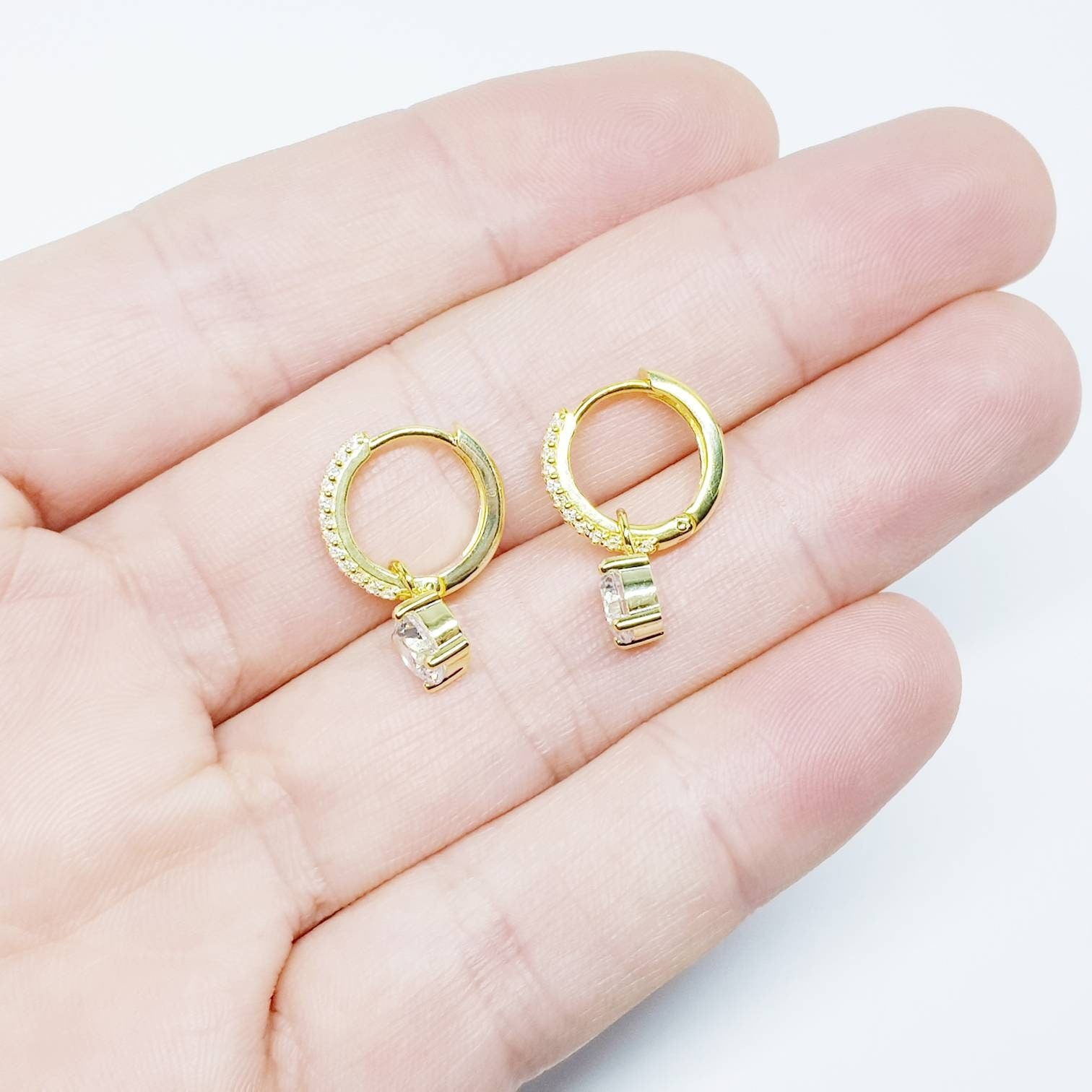 Gold hoop earrings with removable solitaire drop, two earrings in one, faux diamond huggie earrings