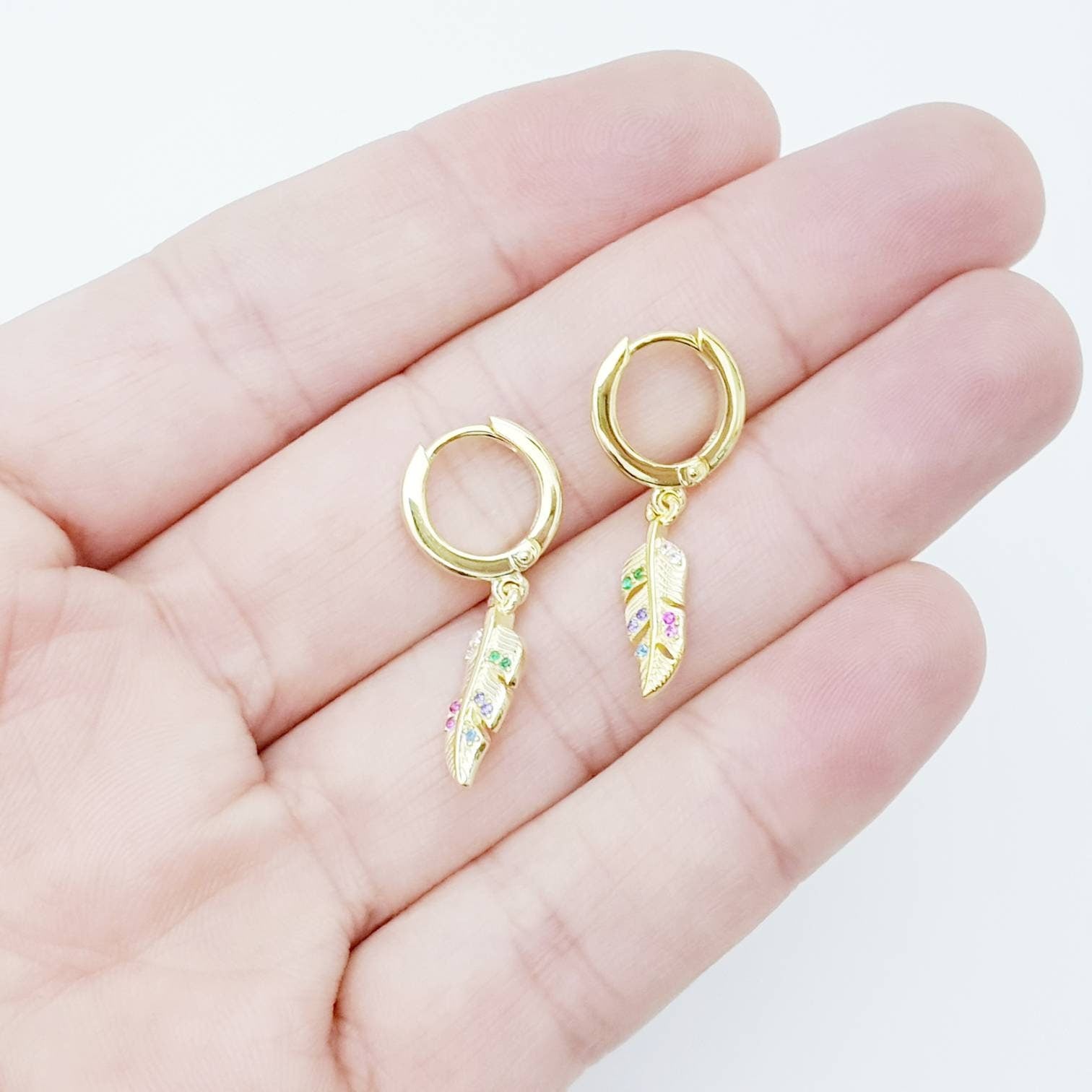 Gold hoop earrings with feather drop, feather earrings, second earring, boho style jewelry