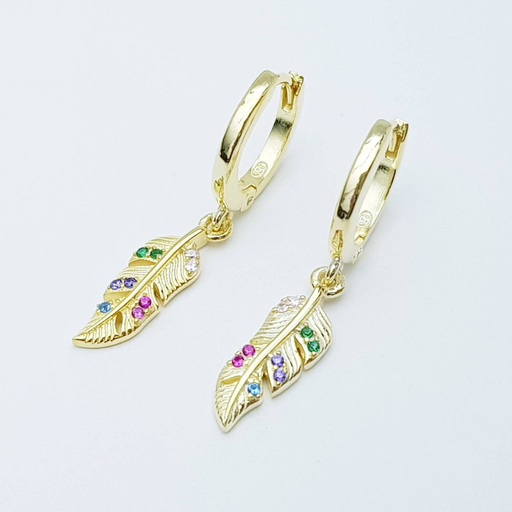 Gold hoop earrings with feather drop, feather earrings, second earring, boho style jewelry