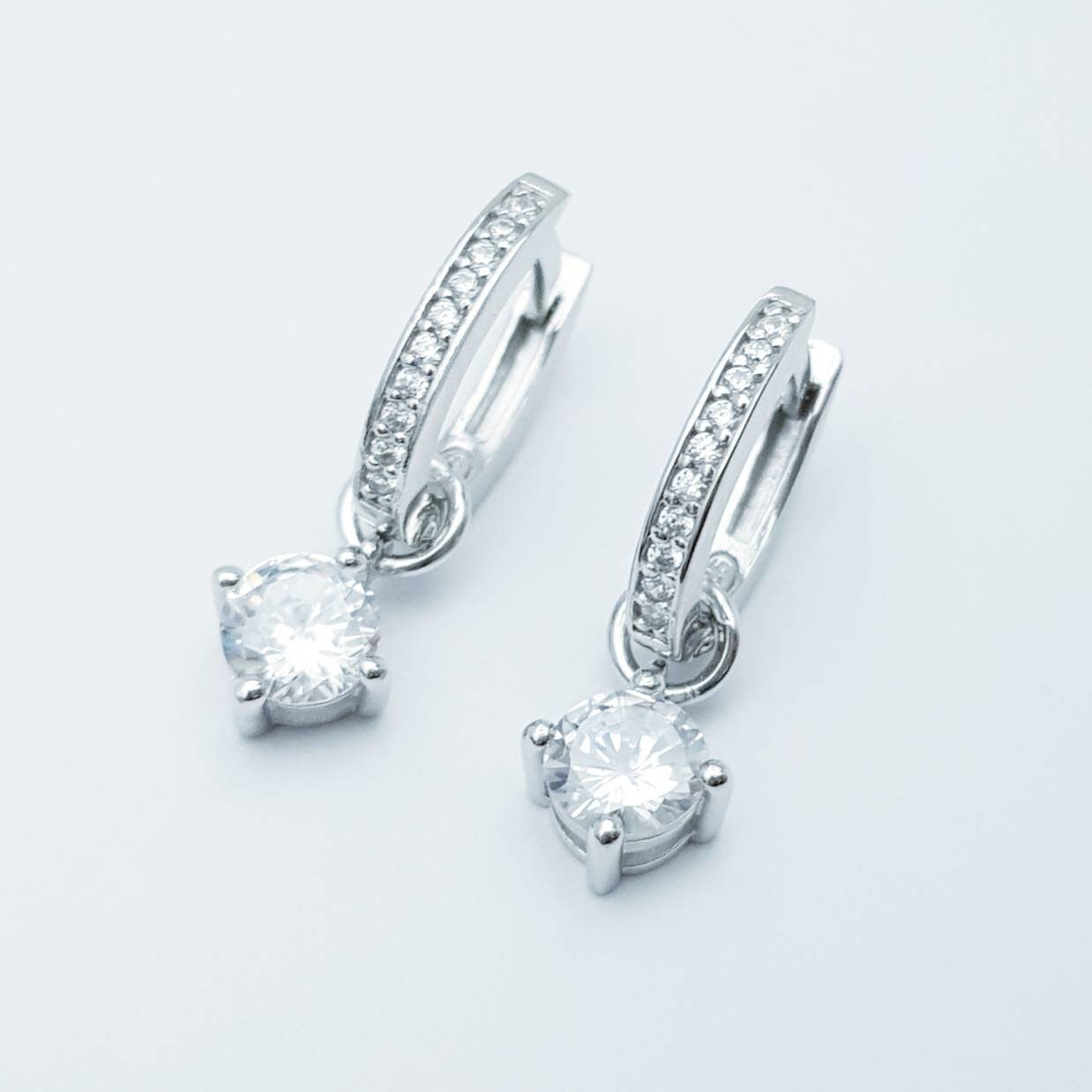 Dainty silver hoop earrings with removable solitaire drop, two earrings in one, faux diamond minimal huggie earrings