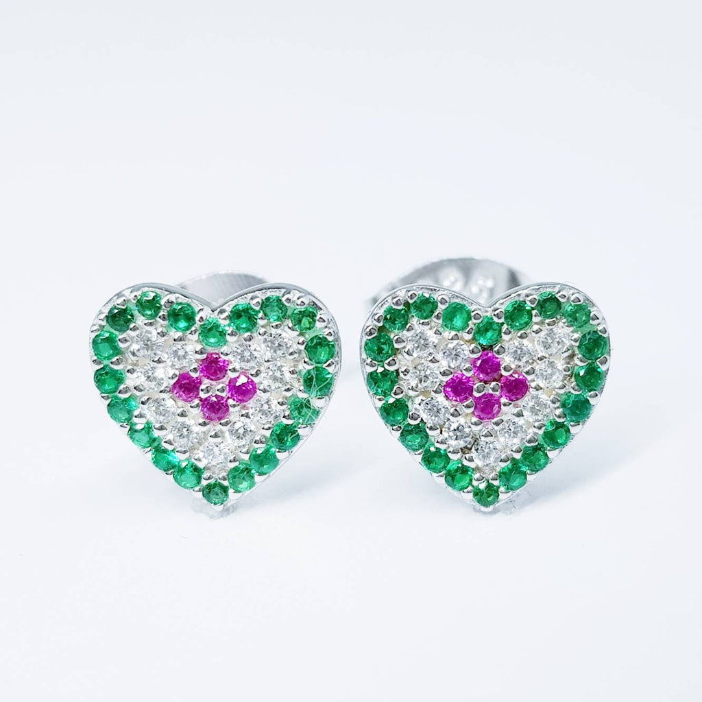Flat Sterling silver heart shaped stud earrings, colourful heart shaped earrings, cute small heart earrings