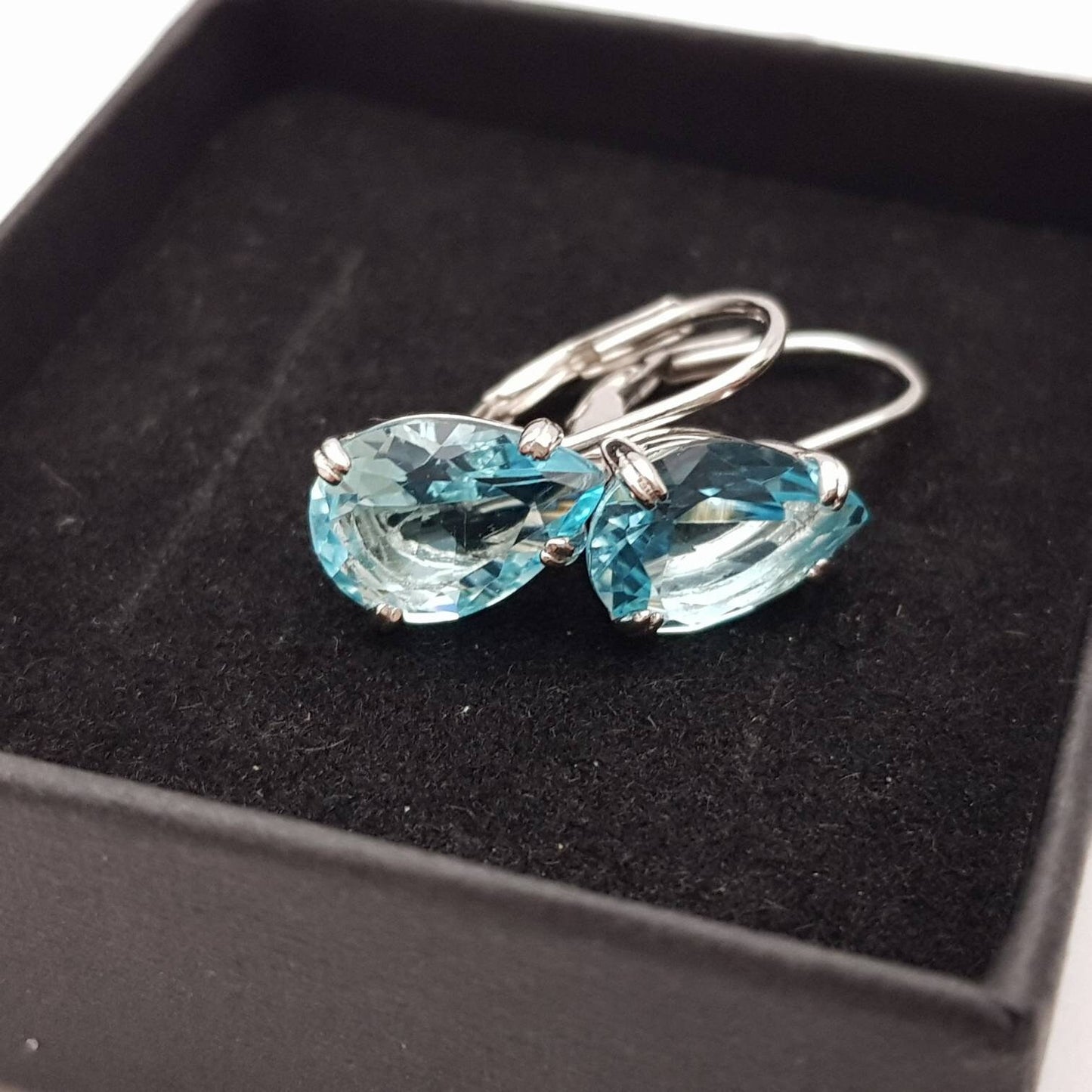 Sparkling turquoise blue silver lever back earrings, teardrop leverback earrings, March birthstone