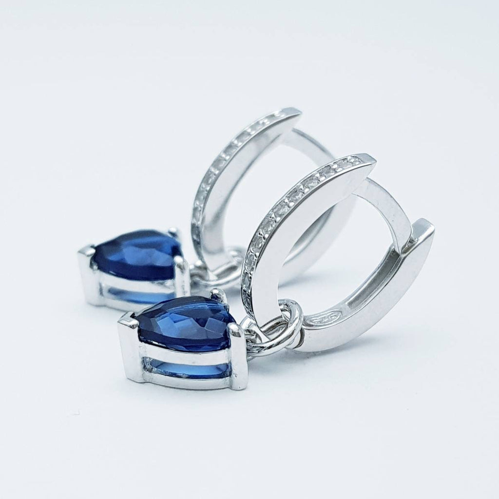 Dainty silver hoop earrings with removable blue heart drop, two earrings in one, faux sapphire minimal huggie earrings